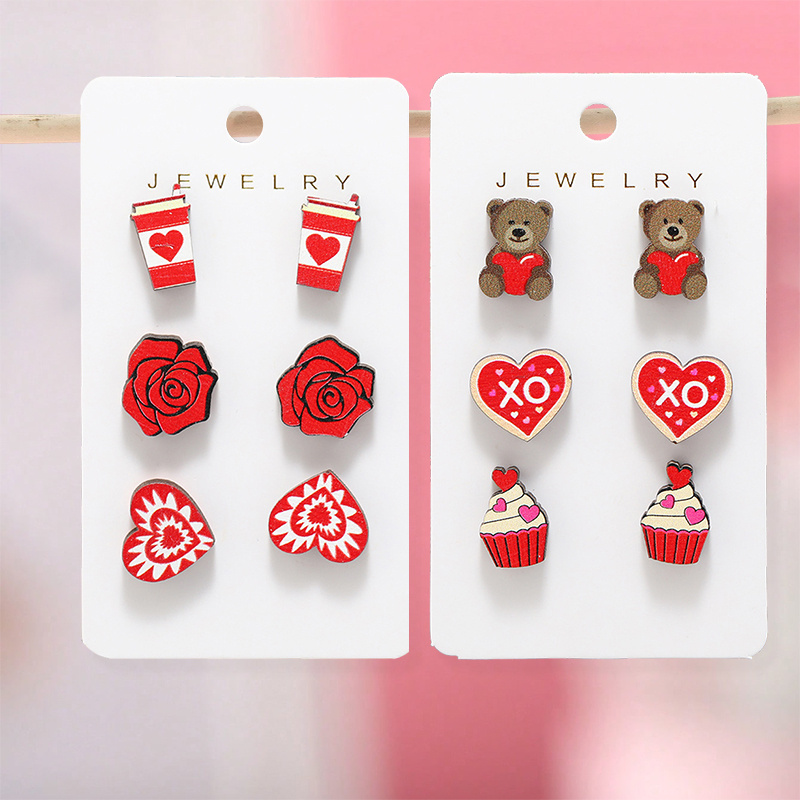 6 Pairs Women's Fashion Cartoon Bear & Rose Stud Earrings